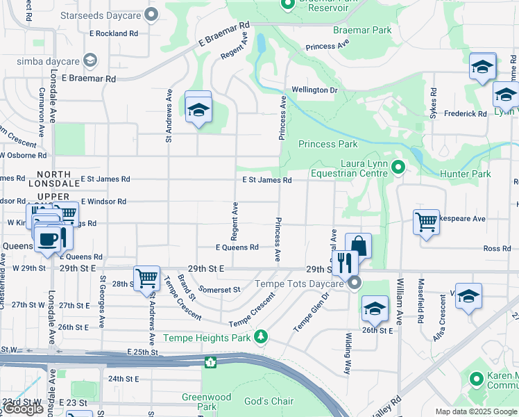 map of restaurants, bars, coffee shops, grocery stores, and more near 635 East Windsor Road in North Vancouver