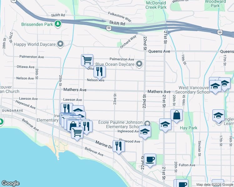 map of restaurants, bars, coffee shops, grocery stores, and more near 2292 Mathers Avenue in West Vancouver