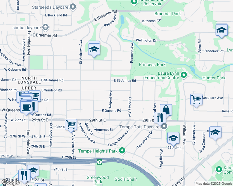 map of restaurants, bars, coffee shops, grocery stores, and more near 611 East Windsor Road in North Vancouver