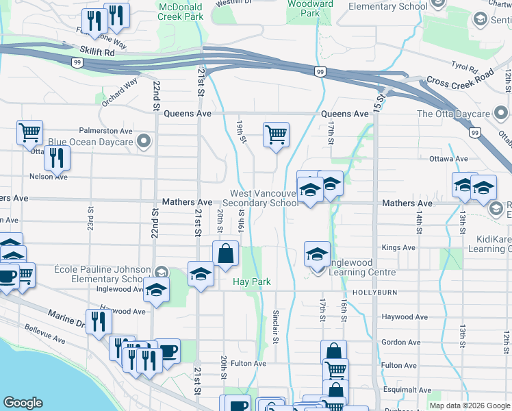 map of restaurants, bars, coffee shops, grocery stores, and more near 1850 Mathers Avenue in West Vancouver