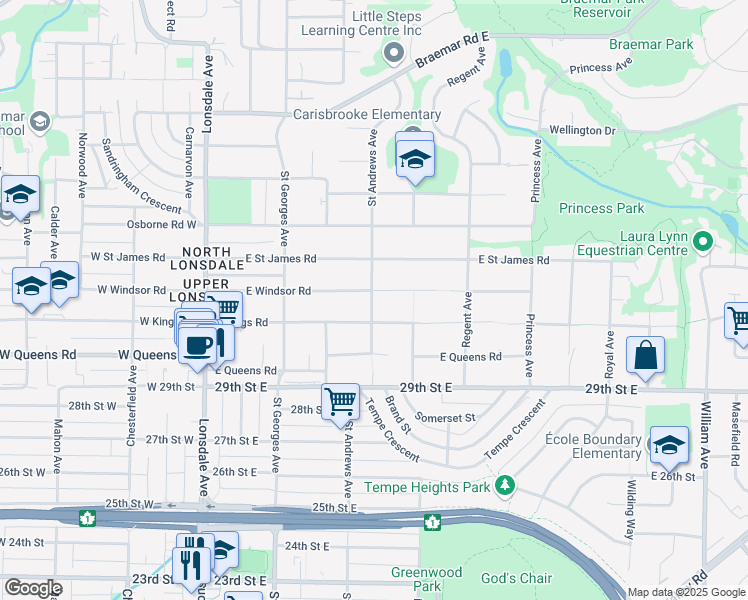 map of restaurants, bars, coffee shops, grocery stores, and more near 3188 Saint Andrews Avenue in North Vancouver