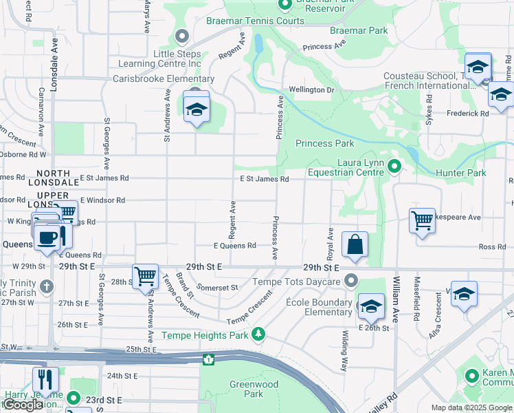 map of restaurants, bars, coffee shops, grocery stores, and more near 635 East Windsor Road in North Vancouver