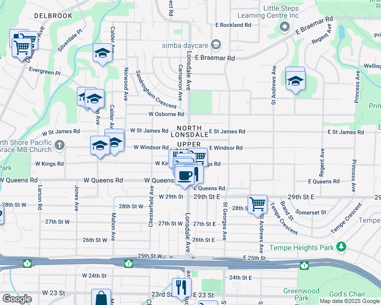 map of restaurants, bars, coffee shops, grocery stores, and more near 3134 Lonsdale Avenue in North Vancouver