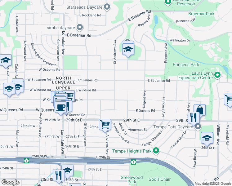 map of restaurants, bars, coffee shops, grocery stores, and more near 3188 Saint Andrews Avenue in North Vancouver