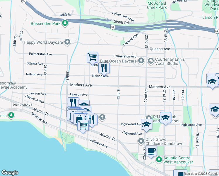 map of restaurants, bars, coffee shops, grocery stores, and more near 2328 Mathers Avenue in West Vancouver