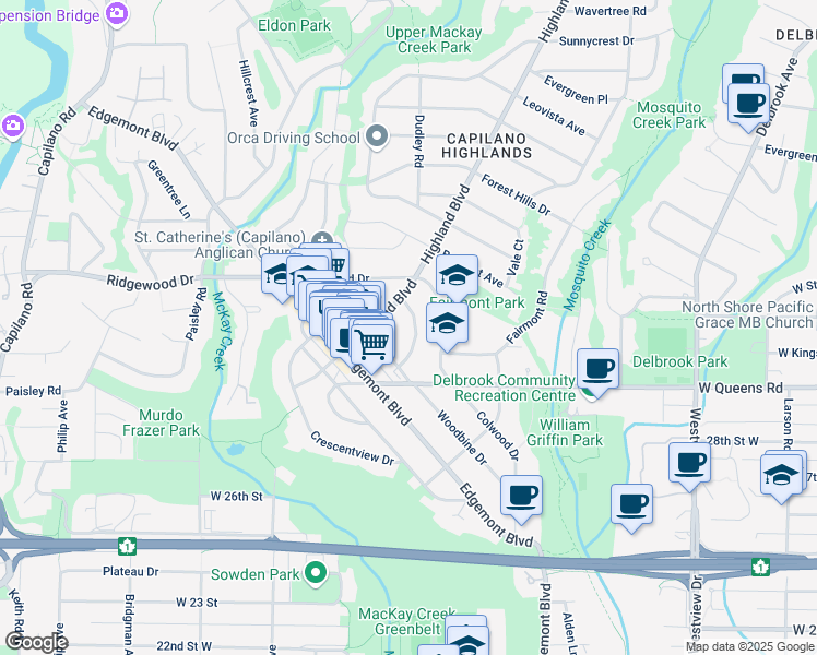 map of restaurants, bars, coffee shops, grocery stores, and more near 3149 Beverley Crescent in North Vancouver