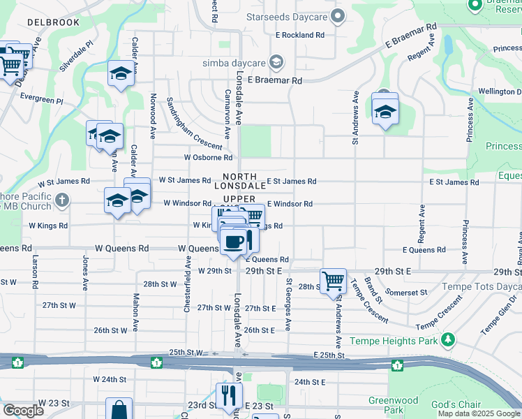 map of restaurants, bars, coffee shops, grocery stores, and more near 141 East Windsor Road in North Vancouver