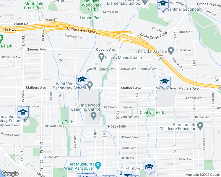 map of restaurants, bars, coffee shops, grocery stores, and more near 1580 Mathers Avenue in West Vancouver