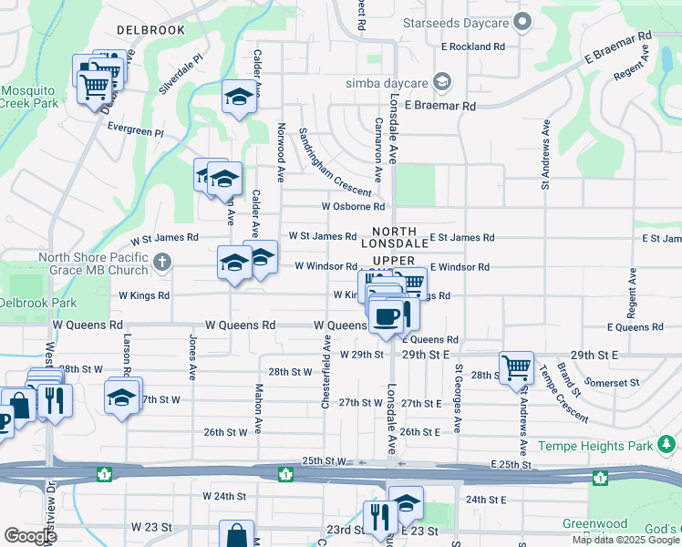 map of restaurants, bars, coffee shops, grocery stores, and more near 181 West Windsor Road in North Vancouver