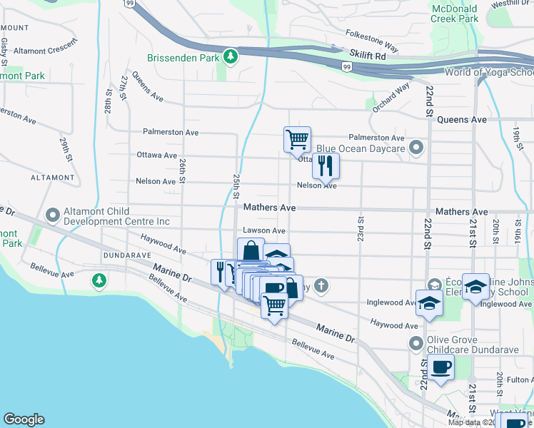 map of restaurants, bars, coffee shops, grocery stores, and more near 2436 Mathers Avenue in West Vancouver