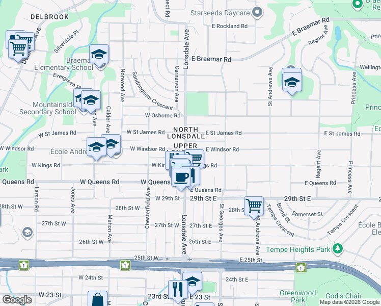 map of restaurants, bars, coffee shops, grocery stores, and more near 3132 Lonsdale Avenue in North Vancouver