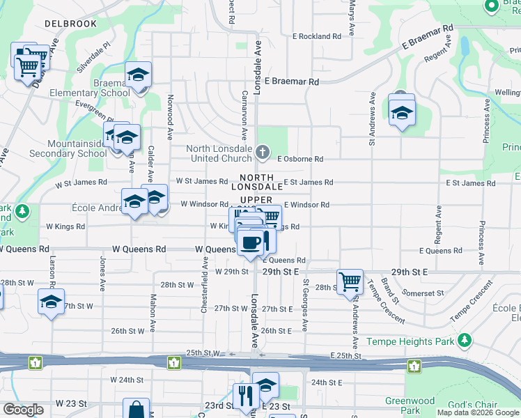 map of restaurants, bars, coffee shops, grocery stores, and more near 3132 Lonsdale Avenue in North Vancouver