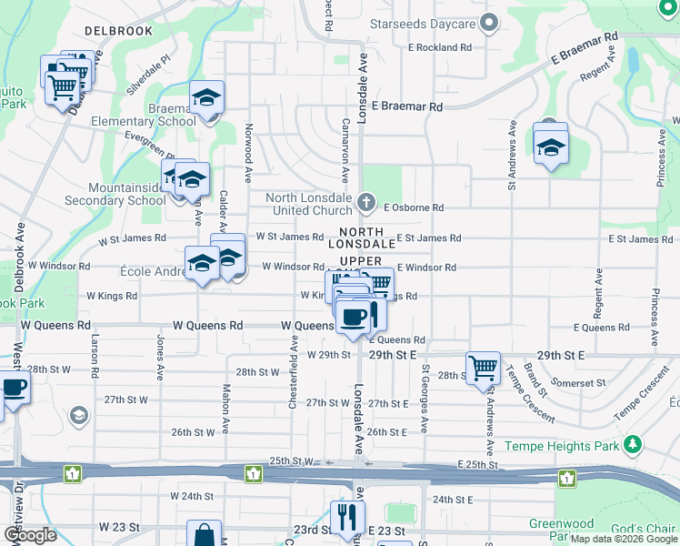 map of restaurants, bars, coffee shops, grocery stores, and more near 125 West Windsor Road in North Vancouver