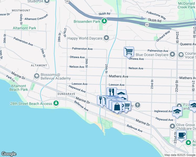 map of restaurants, bars, coffee shops, grocery stores, and more near 2540 Mathers Avenue in West Vancouver