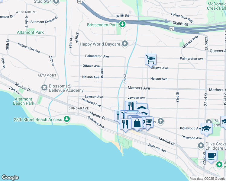map of restaurants, bars, coffee shops, grocery stores, and more near 2548 Mathers Avenue in West Vancouver