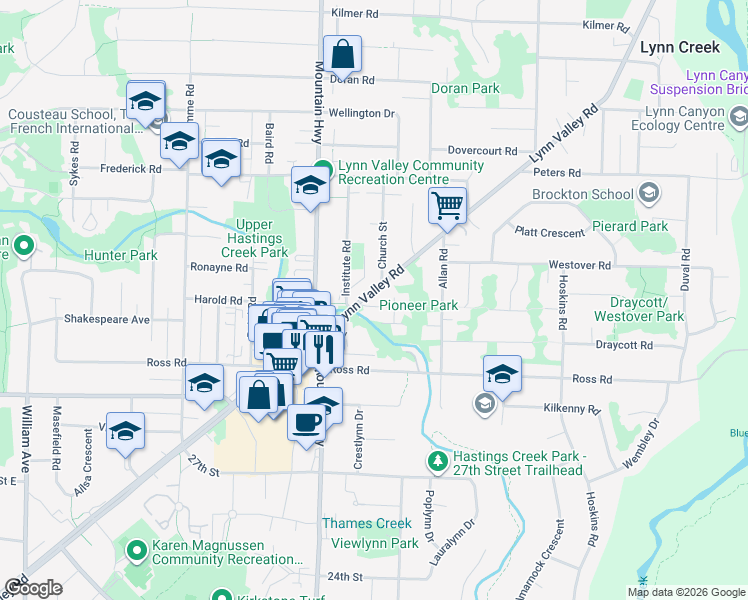 map of restaurants, bars, coffee shops, grocery stores, and more near 1373 Lynn Valley Road in North Vancouver