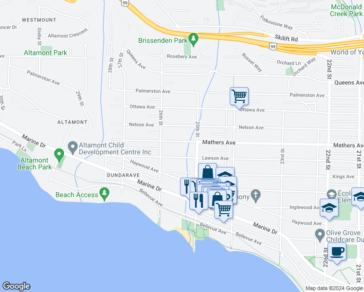 map of restaurants, bars, coffee shops, grocery stores, and more near 2540 Mathers Avenue in West Vancouver