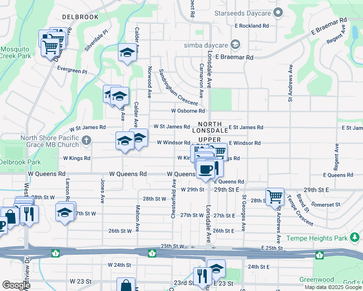 map of restaurants, bars, coffee shops, grocery stores, and more near 181 West Windsor Road in North Vancouver