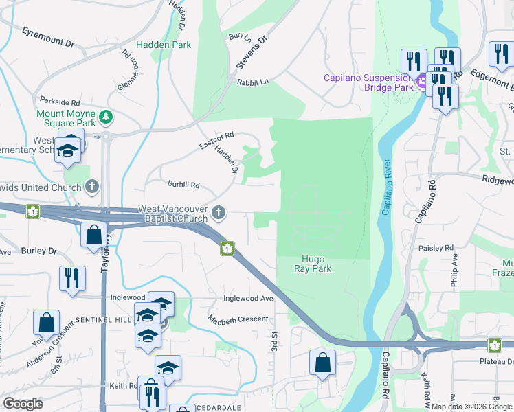 map of restaurants, bars, coffee shops, grocery stores, and more near 355 Mathers Avenue in West Vancouver
