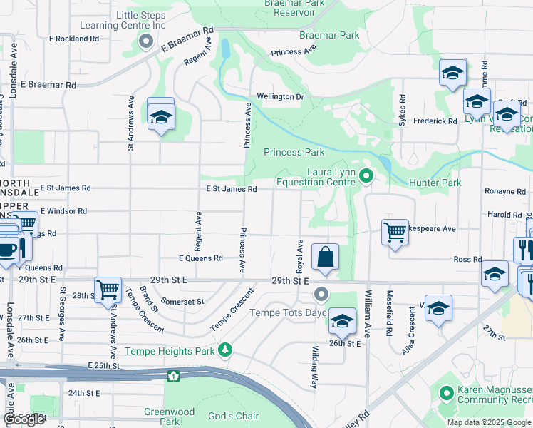 map of restaurants, bars, coffee shops, grocery stores, and more near 3201 Connaught Avenue in North Vancouver