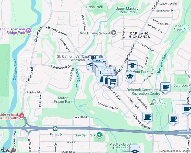 map of restaurants, bars, coffee shops, grocery stores, and more near 3164 Edgemont Boulevard in North Vancouver