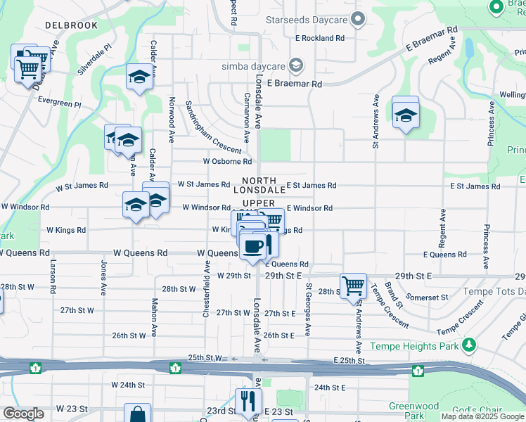 map of restaurants, bars, coffee shops, grocery stores, and more near 3132 Lonsdale Avenue in North Vancouver