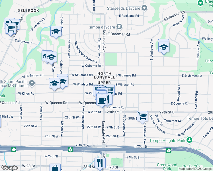 map of restaurants, bars, coffee shops, grocery stores, and more near 3136 Lonsdale Avenue in North Vancouver