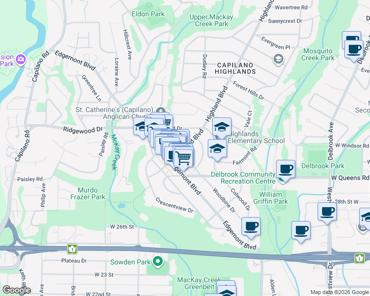 map of restaurants, bars, coffee shops, grocery stores, and more near 3206 Highland Boulevard in North Vancouver