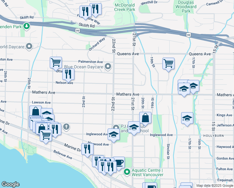 map of restaurants, bars, coffee shops, grocery stores, and more near Mathers Avenue in West Vancouver