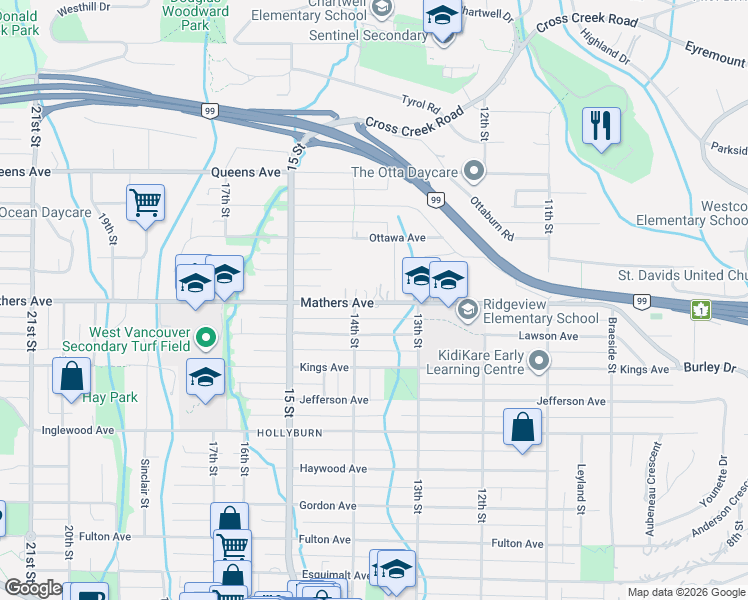 map of restaurants, bars, coffee shops, grocery stores, and more near 1371 Mathers Avenue in West Vancouver