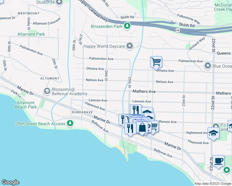 map of restaurants, bars, coffee shops, grocery stores, and more near 2558 Mathers Avenue in West Vancouver