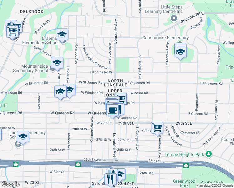 map of restaurants, bars, coffee shops, grocery stores, and more near 3136 Lonsdale Avenue in North Vancouver