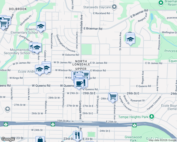 map of restaurants, bars, coffee shops, grocery stores, and more near 141 East Windsor Road in North Vancouver