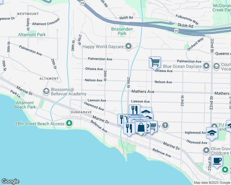 map of restaurants, bars, coffee shops, grocery stores, and more near 2558 Mathers Avenue in West Vancouver