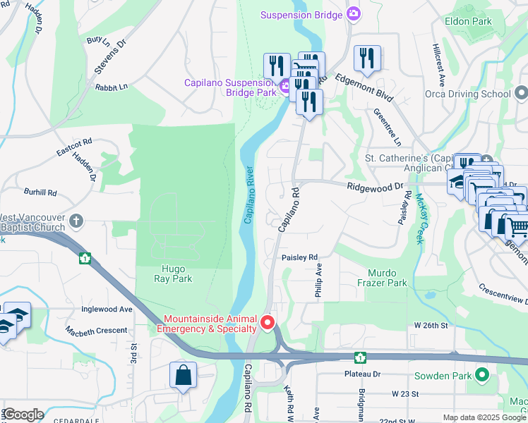 map of restaurants, bars, coffee shops, grocery stores, and more near 3143 Capilano Crescent in West Vancouver