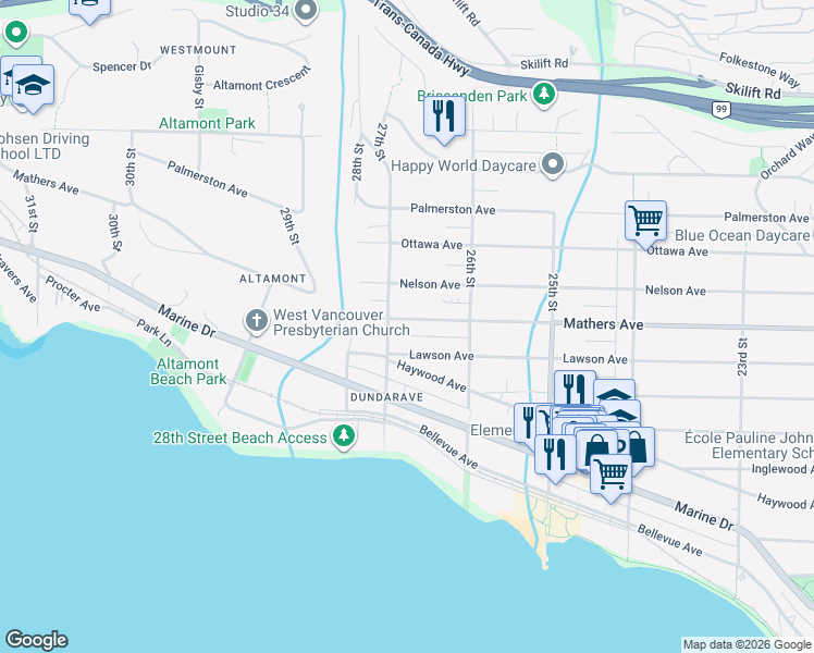 map of restaurants, bars, coffee shops, grocery stores, and more near 2678 Mathers Avenue in West Vancouver