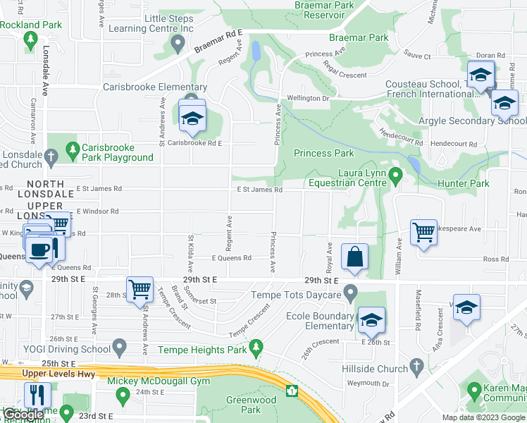 map of restaurants, bars, coffee shops, grocery stores, and more near 661 East Windsor Road in North Vancouver