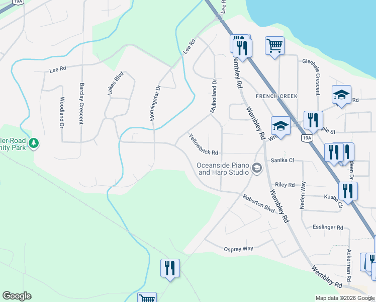 map of restaurants, bars, coffee shops, grocery stores, and more near 1153 Roberton Boulevard in Parksville