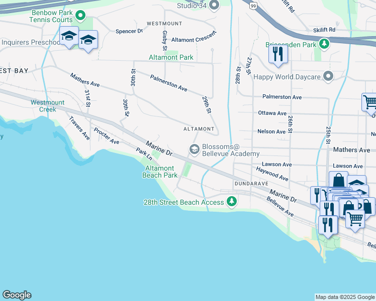 map of restaurants, bars, coffee shops, grocery stores, and more near 1310 29 Street West in North Vancouver