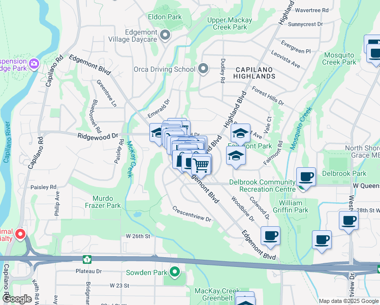 map of restaurants, bars, coffee shops, grocery stores, and more near 3151 Woodbine Drive in North Vancouver