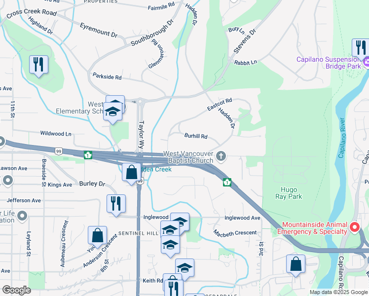 map of restaurants, bars, coffee shops, grocery stores, and more near 565 Mathers Avenue in West Vancouver
