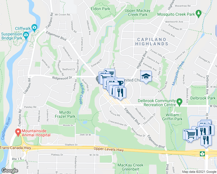 map of restaurants, bars, coffee shops, grocery stores, and more near 3164 Edgemont Boulevard in North Vancouver