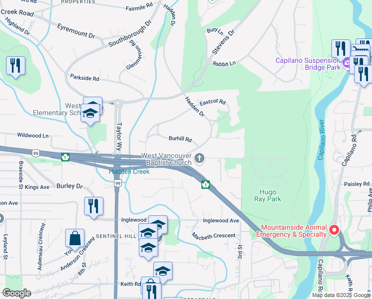map of restaurants, bars, coffee shops, grocery stores, and more near 410 Hadden Drive in West Vancouver