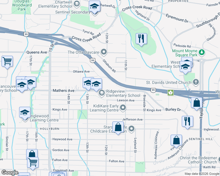 map of restaurants, bars, coffee shops, grocery stores, and more near 1185 Mathers Avenue in West Vancouver