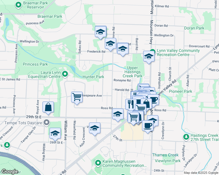 map of restaurants, bars, coffee shops, grocery stores, and more near 3227 Fromme Road in North Vancouver