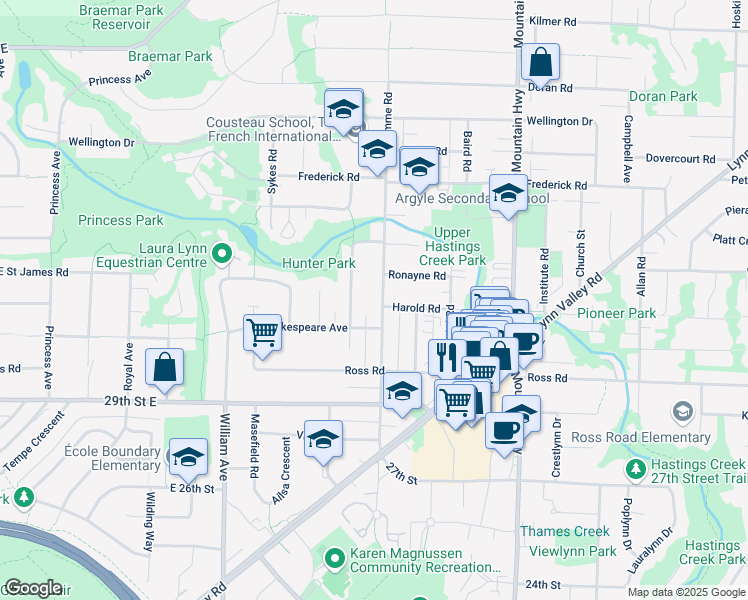 map of restaurants, bars, coffee shops, grocery stores, and more near 3227 Fromme Road in North Vancouver