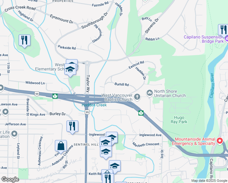 map of restaurants, bars, coffee shops, grocery stores, and more near 565 Mathers Avenue in West Vancouver