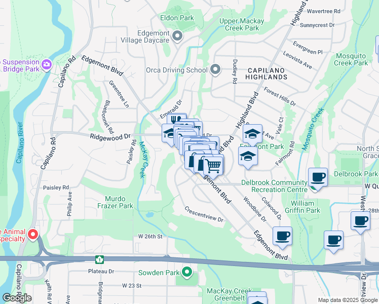 map of restaurants, bars, coffee shops, grocery stores, and more near 3172 Edgemont Boulevard in North Vancouver