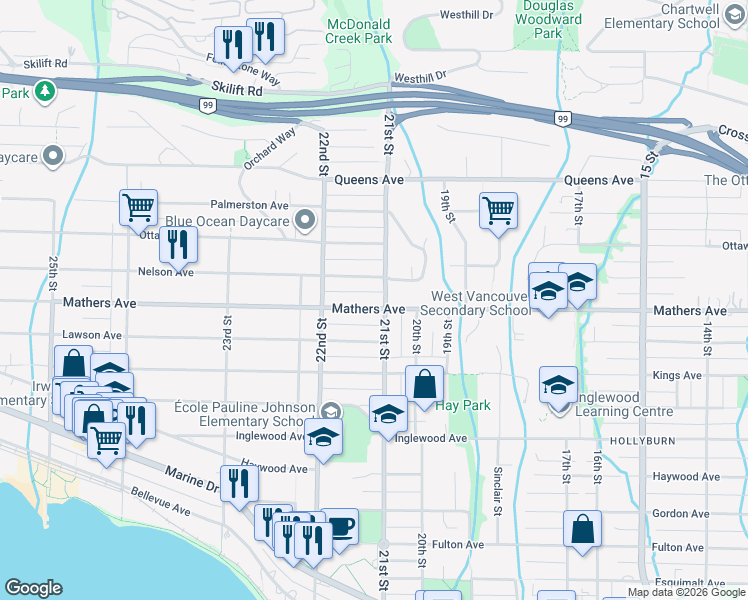map of restaurants, bars, coffee shops, grocery stores, and more near 2111 Mathers Avenue in West Vancouver