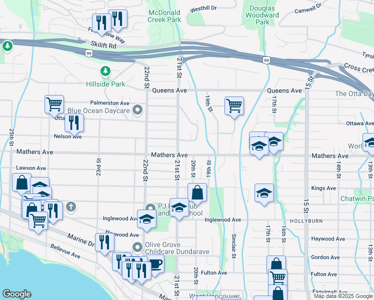 map of restaurants, bars, coffee shops, grocery stores, and more near 2055 Mathers Avenue in West Vancouver